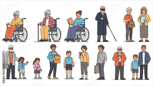 Diverse group of people standing together, representing unity, inclusion, and a supportive community in a modern illustration style