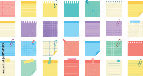 Colorful Sticky Notes and Memo Pads Collection with Paper Clips Push Pins and Adhesive Tape