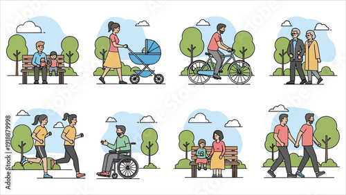 Diverse people enjoying outdoor activities such as jogging, cycling, and walking in a public park, presented in a minimalist flat vector illustration style