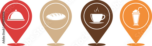 Food and Drink Location Pin Set with Icons for Restaurant Bakery Cafe and Juice Bar