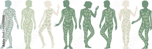 Human body silhouettes with leaf pattern textures set isolated on white background, eco friendly concept, nature inspired male and female vector illustration collection