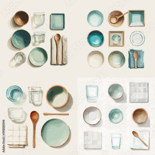 Pastel ceramic tableware collection with plates, bowls, glasses and wooden utensils arranged in minimalist kitchen flat lay style