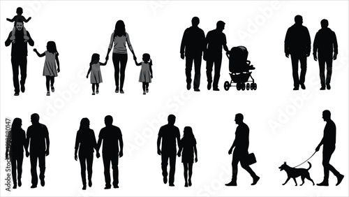  Inclusive family silhouette set featuring diverse adults and children, wheelchair users, dog walking, caregiving moments, and unity-focused lifestyle scenes in black vector style