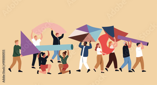 Diverse Group of People Collaborating to Carry Abstract Colorful Geometric Shapes