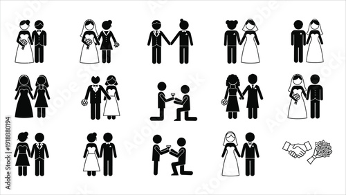 nclusive wedding icon set showcasing same-sex couples, diverse marriage ceremonies, LGBTQ+ proposals, civil unions, and gender-neutral romantic relationship symbols