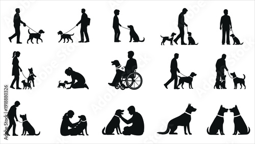 People and Dogs Silhouette Set – Black vector illustration featuring children and adults enjoying family pet activities such as walking, training, and playing, highlighting inclusive lifestyle scenes