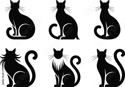 Black cat silhouette set collection with different sitting poses, elegant pet animal icons, Halloween and domestic feline concept, vector illustration isolated on white.