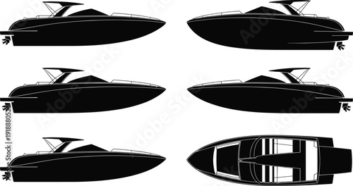Luxury speed boat vector silhouette collection with side and top views, modern motor yacht icons isolated on white background