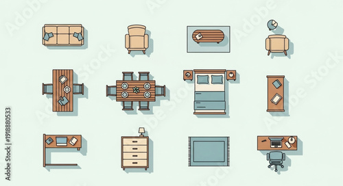 Collection of modern furniture items seen from above.