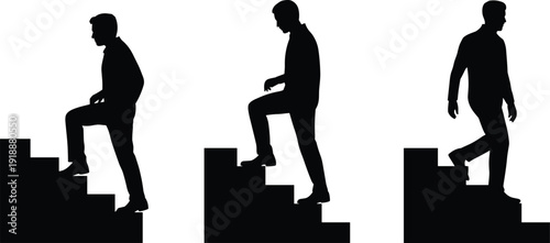 Businessman walking upstairs silhouette set, man climbing steps concept for success and career growth, black vector illustration isolated on white background.