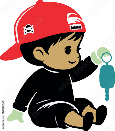 Photography Happy child playing with pacifier in red baseball cap