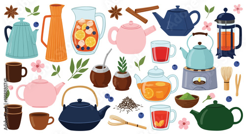 Set of 30 Colorful Teapots, Tea Cups, and Beverage Accessories Vector Illustration