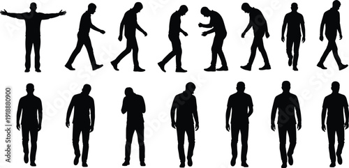 Man silhouettes collection with walking and standing poses isolated on white background, male human figure vector illustration set
