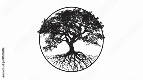 Silhouette of a tree with roots in a circle on a white background