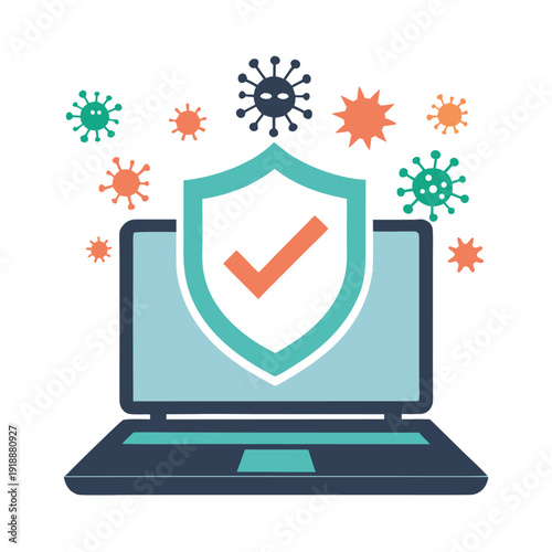 Cybersecurity shield protecting laptop from abstract virus icons flat minimal vector illustration