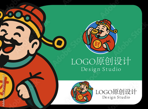 A cheerful cartoon character dressed in traditional attire joyfully eats while surrounded by gold coins, representing prosperity and happiness in life and business.