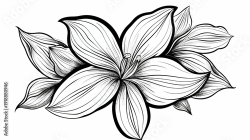 Elegant floral line art illustration of a lily blossom with detailed petals