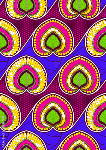 African seamless textile pattern featuring abstract leaf shapes, vibrant colors and repeating motifs, Ankara wax style fabric design for fashion and cultural backgrounds, not AI generated