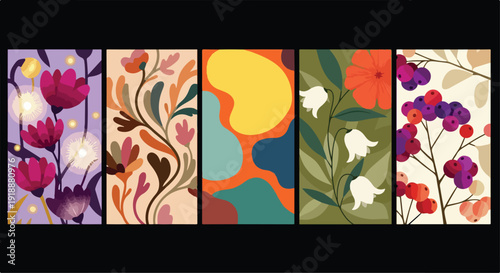 Set of 5 Abstract Floral and Organic Shape Vertical Panels Vector