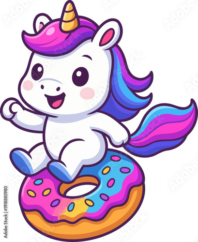 This adorable unicorn character joyfully rides on a colorful donut float, embodying a sense of whimsy and playfulness perfect for children's themes and summer fun.
