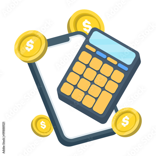 Vector calculator with numeric buttons for accurate value calculation. Finance, accounting, budgeting, and business math tool isolated on white background.
