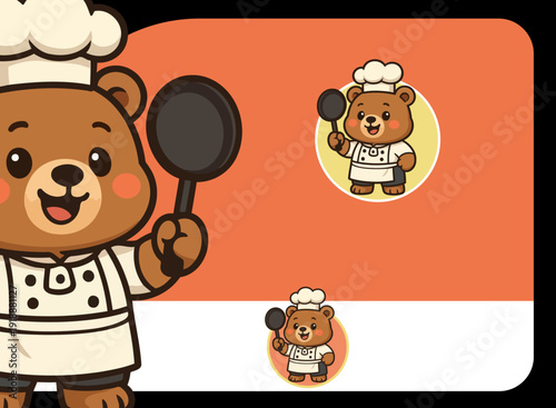 A smartly dressed bear chef happily holds a frying pan and spatula, exuding warmth and culinary expertise in an inviting, charming, cartoon style perfect for food design.