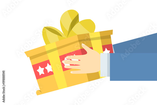 Isometric vector of a hand giving a decorated gift box, isolated on white. Perfect for surprises, gifts, celebrations, holidays, and gifting concept illustrations.