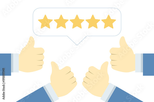 Vector illustration of hands showing thumbs up, representing customer feedback, service rating, approval, positive review, and satisfaction in flat design.
