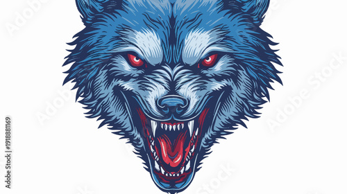 Intense wolf head illustration with sharp teeth glowing eyes and aggressive expression