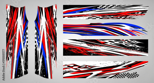 Abstract racing stripe graphics and decals for vehicles.