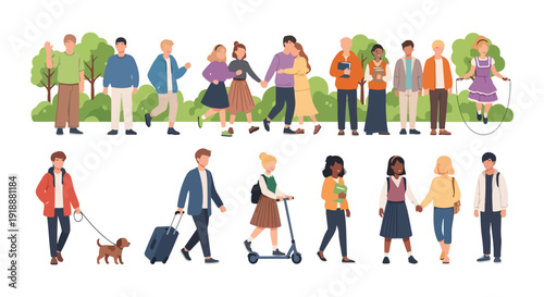 Diverse Group of Flat Vector People Characters in Various Poses and Activities