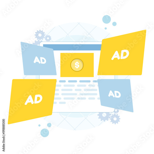 Flat design concept showing digital marketing, ad monetization, programmatic advertising, revenue growth, dollar icons, and online advertising analytics vector.