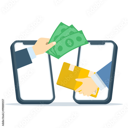 Vector illustration of smartphone-based money and package exchange. Represents e-commerce, online payment, digital marketplace, and mobile shopping in flat design.
