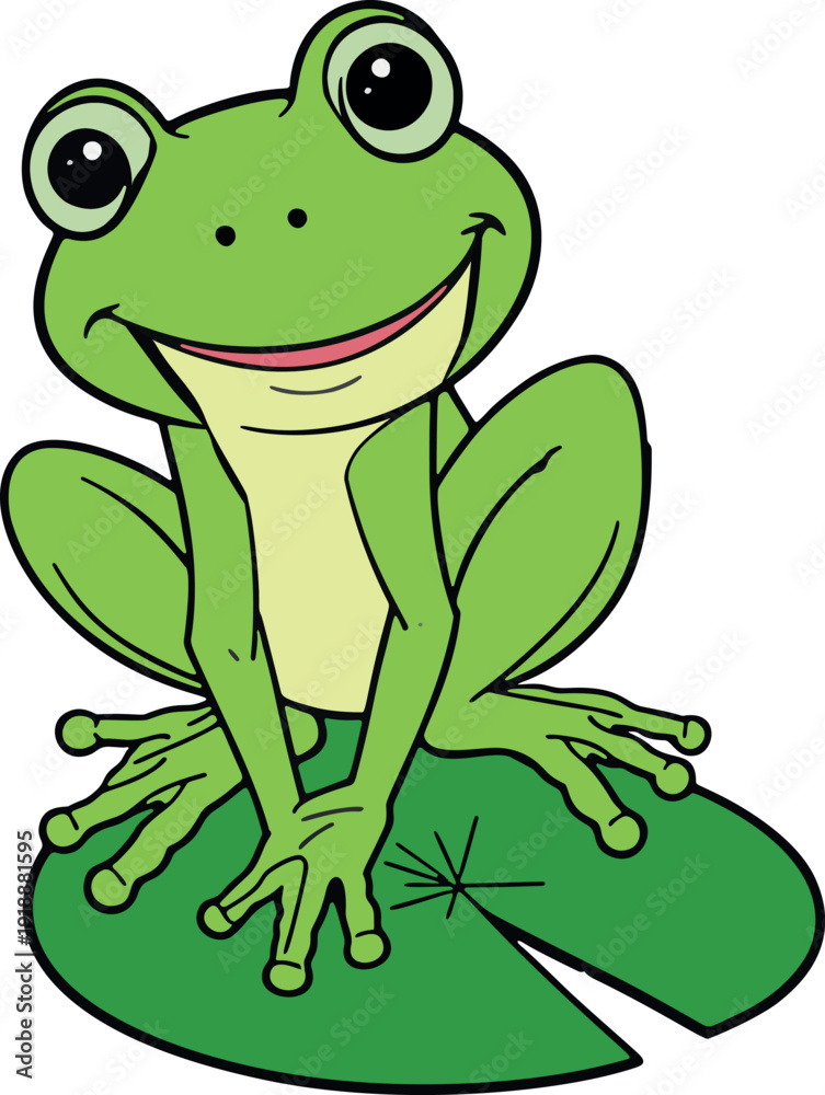 Fototapeta premium Smiling green frog sitting on large leaf with big eyes