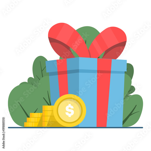 Gift box with money prize vector illustration. Cash reward, online bonus achievement, giveaway promotion and winning award concept in flat design.