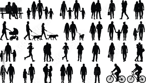 People silhouettes collection vector featuring families, couples, walkers, cyclists and parents with children, black isolated human figures set on white background
