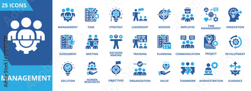 Management icon collection set. Containing task, strategy, leadership, employee, time management, assessment, meeting, decision making icon. Simple flat vector