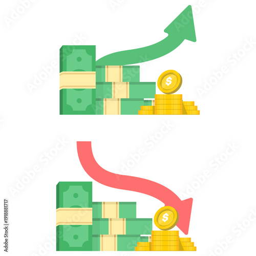 Vector illustration of dollar banknotes, coins, and ascending or descending arrows. Symbolizes financial gain, loss, profit trends, and economic performance in flat design.