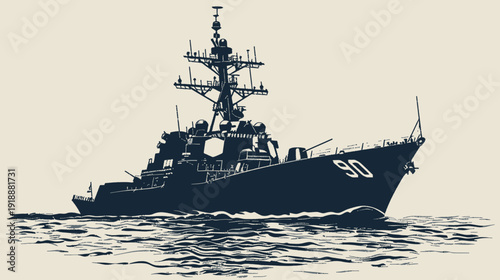 Silhouette of a naval ship sailing on the water against a neutral background