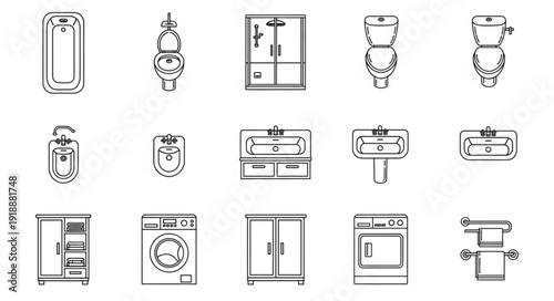 Collection of bathroom fixtures and furniture line art icons.