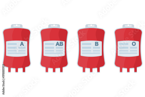 Vector illustration of blood bags with types A, B, AB, O. Symbolizes blood donation, life-saving support, healthcare, and medical aid in flat design on white background.