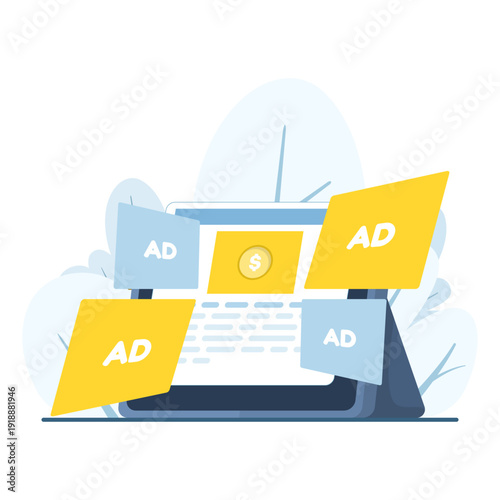 Flat design concept showing digital marketing, ad monetization, programmatic advertising, revenue growth, dollar icons, and online advertising analytics vector.