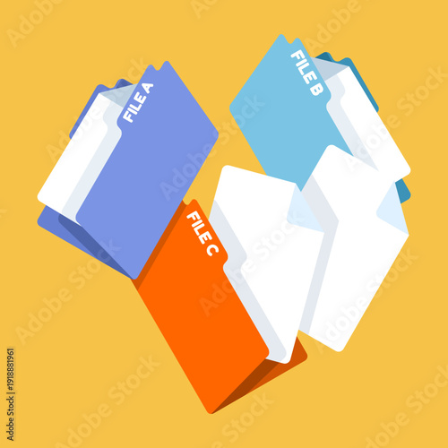 Vector illustration of alphabetical card index and folder directory. Represents document archive, file organization, catalog address system, and office management.