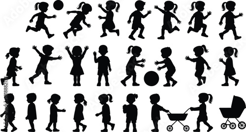 Kids silhouette set showing children running, walking, jumping and playing with ball, boy and girl poses collection, black vector illustration isolated on white background.