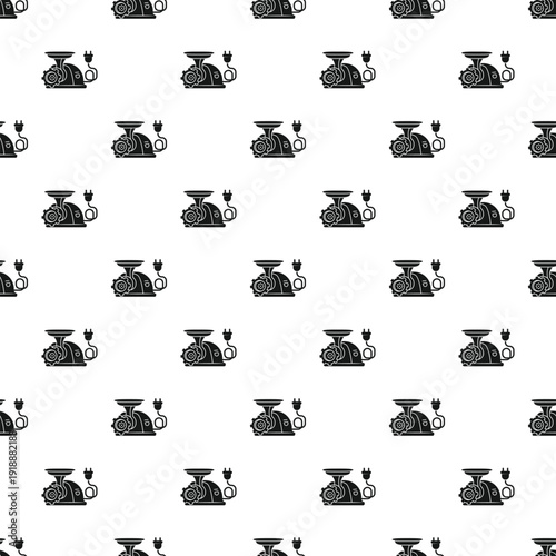 Kitchen meat grinder appliances repeating in a black and white vector pattern