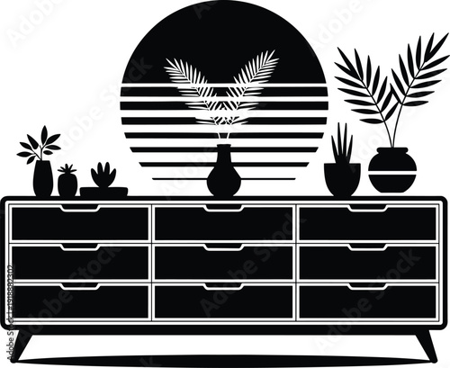 Modern cabinet furniture silhouette with houseplants and decorative vases, minimalist home interior decor concept, black vector illustration isolated on white background.