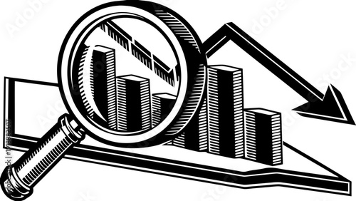 Analyzing declining business trends with a magnifying glass on a graph