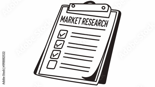 Market research document with checklist on clipboard, viewed from above, illustrating business analysis and data collection in a simple illustration.
