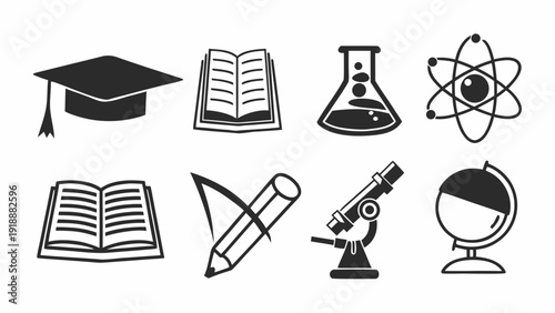 Educational icons representing science, learning, and discovery through simple graphics on a clean background