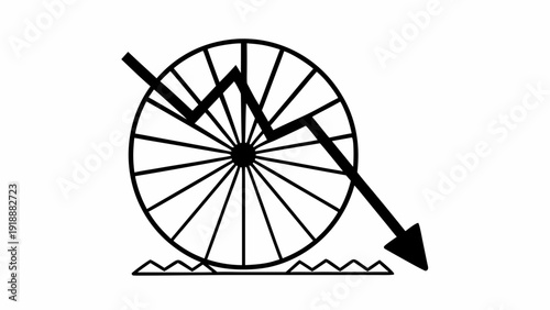 Simple line drawing of a water wheel with arrow indicating direction, viewed from the side